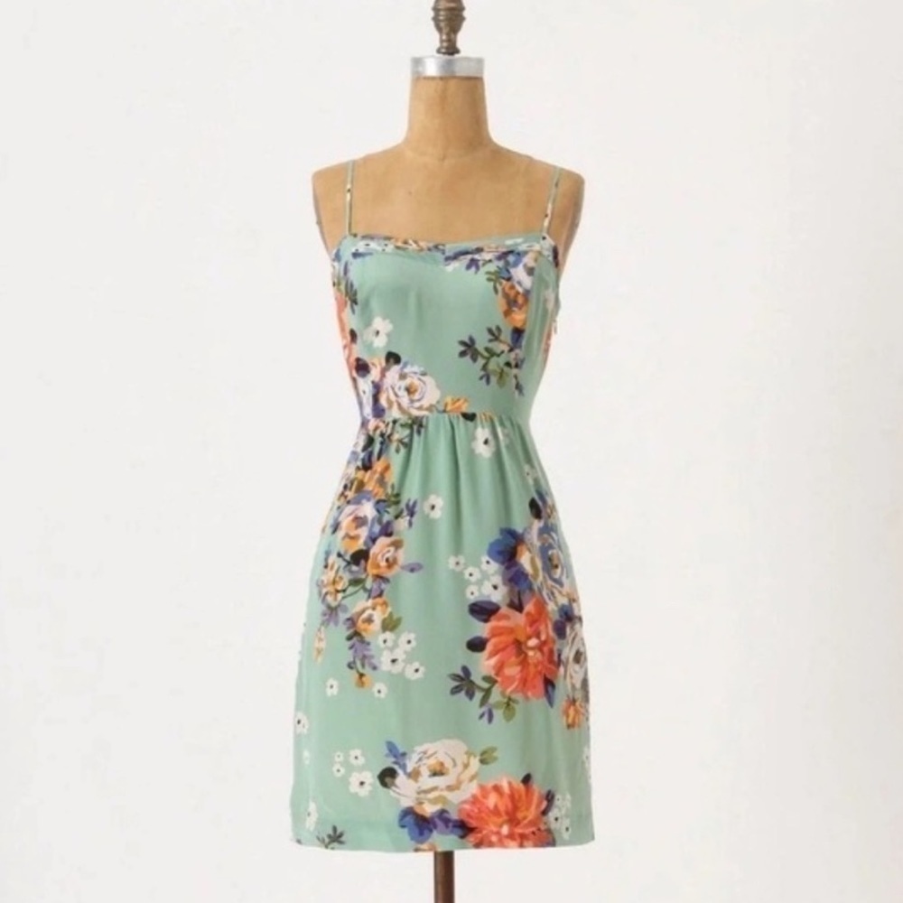Anthropologie Moulinette Soeurs Green Floral Silk Spaghetti Strap Dress